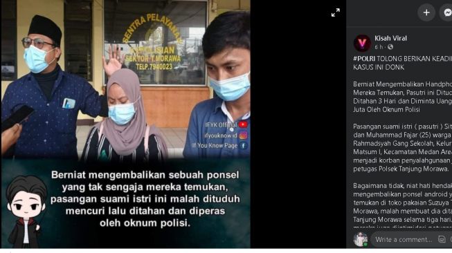 Pasutri di Medan dituduh mencuri dan diperas usai berniat mengembalikan HP yang ditemukan (Facebook)