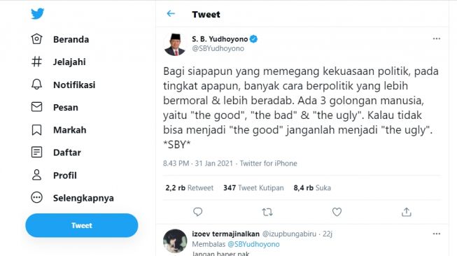 Mantan Presiden RI Susilo Bambang Yudhoyono membuat cuitan soal the good, the bad dan the ugly.[Twitter/@SBYudhoyono]