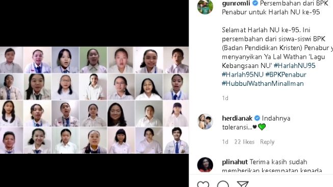 Persembahan lagu Ya Lal Waton dari pelajar BPK Penabur untuk Harlah NU ke-95 (Instagram)