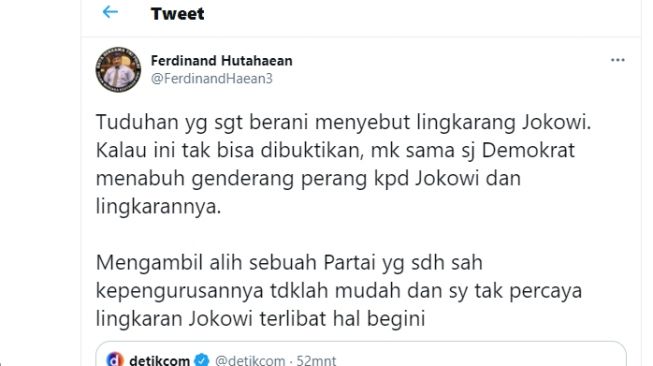 Ferdinand Hutahaean  berkomentar soal pernyataan Ketua Umum Partai Demokrat Agus Harimurti Yudhoyono atau AHY.[Twitter/@FerdinandHaean3]