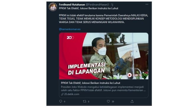 PPKM Tak Efektif, Ferdinand: Pemda Malas Kerja, Tidak Tegas dan Serius (twitter.com/FerdinandHaean3)