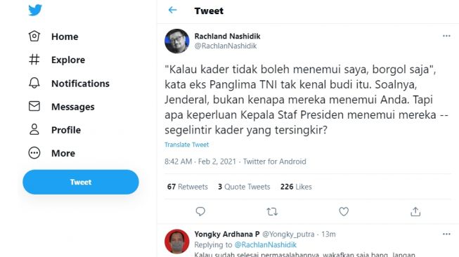 Cuitan Rachland Nashidik yang menyebut eks Panglima TNI tak kenal budi.[Instagram/@RachlanNashidik]