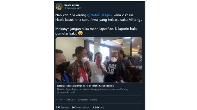 Cuitan Denny Siregar soal kasus yang menimpa Natalius Pigai (twitter.com/Dennysiregar7)
