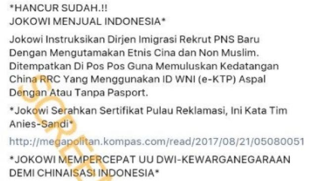 CEK FAKTA: Jokowi Jual Negara dengan Rekrut PNS Khusus Etnis China?
