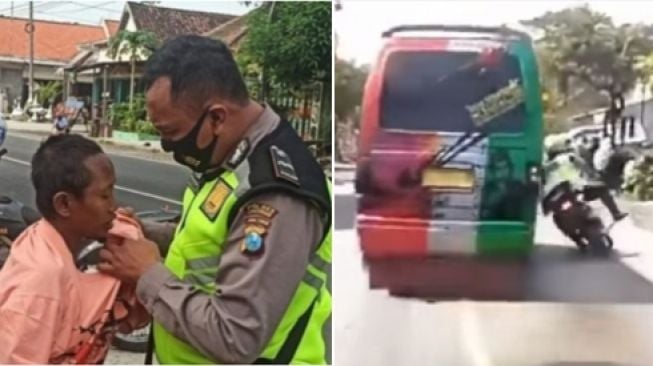 Viral 2 Polisi Jatim; Diserempet Sopir Bengal dan Bagi Kaos ke Gelandangan