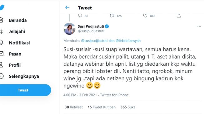 Percakapan Febri Diansyah dan Susi Pudjiasuti.[Twitter/@febridiansyah]