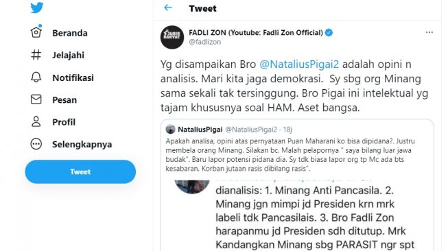 Fadli Zon Bela Natalius Pigai soal dugaan rasisme ke suku minang.[Twitter/@fadlizon]