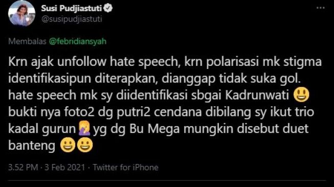 Cuitan Susi Pudjiastuti. (Twitter)