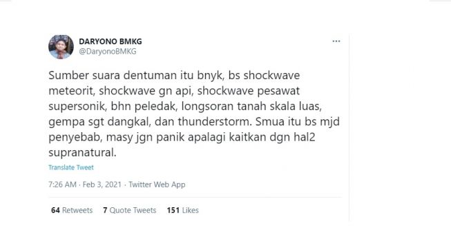 Penjelasan BMKG soal dentuman Malang. [Twitter]
