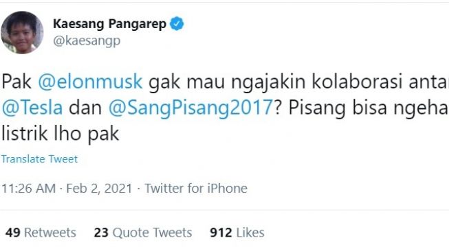 Cuitan Kaesang Pangarep mengajak Elon Musk untuk berkolaborasi (Twitter)