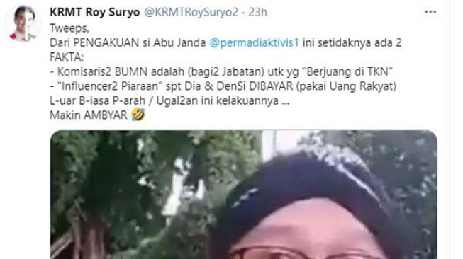 Tangkapan layar Twitter Roy Suryo tanggapi Abu Janda. [Twitter/@@KRMTRoySuryo2]