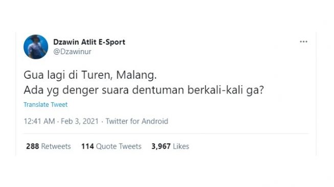 Cuitan warganet mendengar dentuman misterius di Malang. [Twitter]