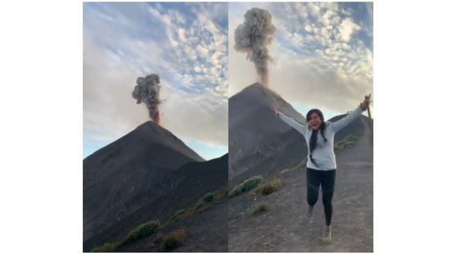 Viral! Bukannya Lari Wanita Ini Malah Heboh saat Gunung Berapi Meletus