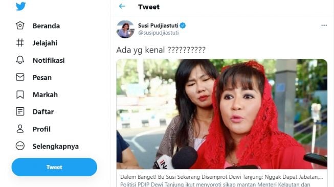 Mantan Menteri Kelautan dan Perikanan Susu Pudjiastuti memberikan tanggapan mengenai berita tentang dirinya.[Twitter/@susipudjiastuti]