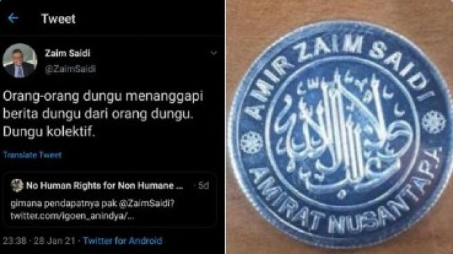 Pegiat media sosial, Eko Kuntadhi bongkar Pendiri Pasar Muamalah Depok Zaim Saidi bikin mata uang sendiri untuk transaksi di Pasar Muamalah. Uangnya ada tulisan Arab.