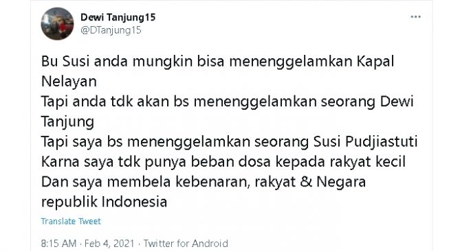 Citan Dewi Tanjung soal ancaman akan menenggelamkan Susi Pudjiastuti (Twitter)