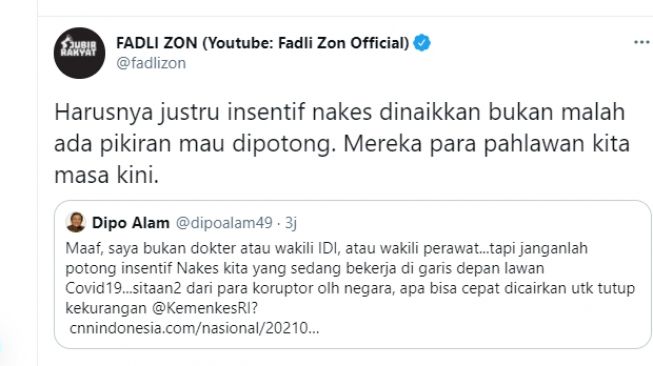 Fadli Zon meminta insentif nakes atau tenaga kesehatan dinaikkan.[Twitter/@fadlizon]