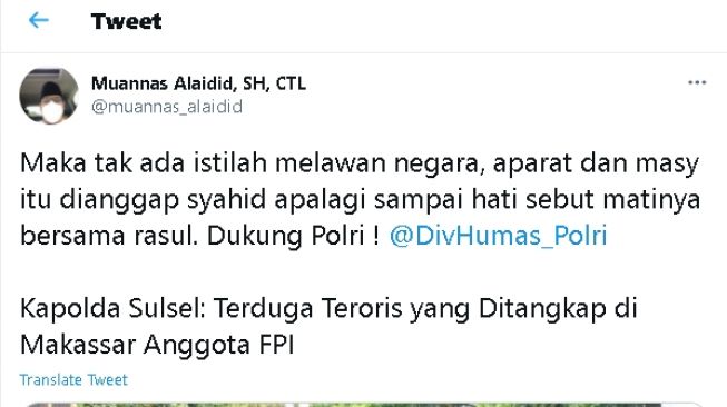 Cuitan Muannas Alaidid soal Anggota FPI yang ditangkap atas dugaan terorisme (twitter)