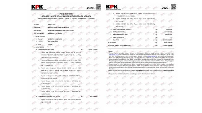 Total harta kekayaan dan aset milik Orient P Riwu Kore (e lhkpn)