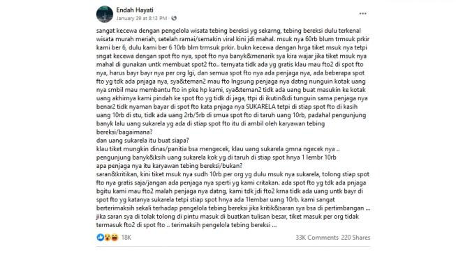 Curhatan pengunjung tentang pungli di setiap spot foto di Tebing Breksi (FB/Endah Hayati)