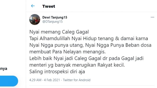 Cuitan Dewi Tanjung soal Susi Pudjiastuti.[Twitter/@DTanjung15]