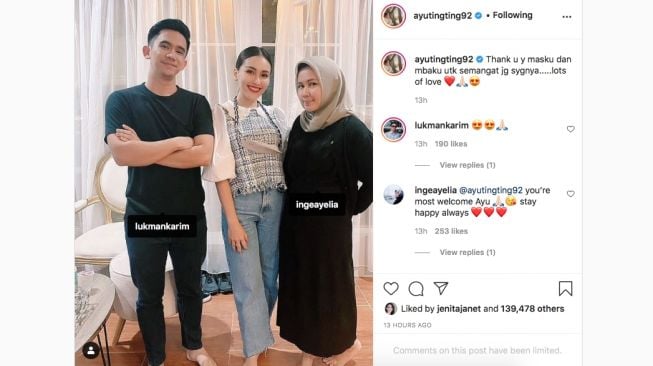 Unggahan Ayu Ting Ting dengan dua orang pemilik akun @ingeayelia atau Inge Ayelia dan @lukmankarim atau Lukman KA. [Instagram/@ayutingting92]