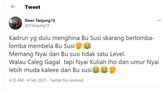 Cuitan Dewi Tanjung soal Susi Pudjiastuti.[Twitter/@DTanjung15]