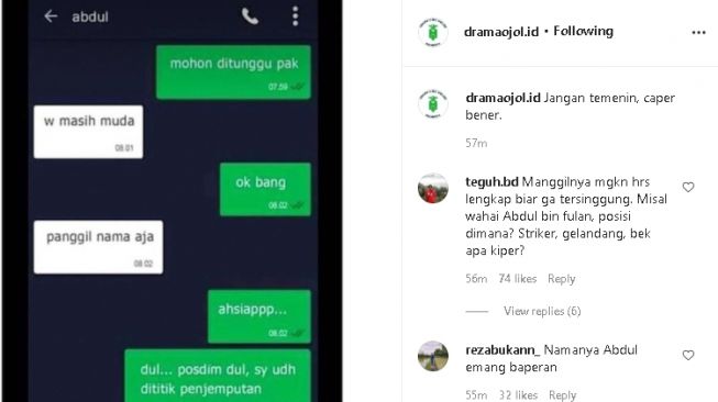 Pengguna ojol tak mau dipanggil pak atau abang (Instagram)