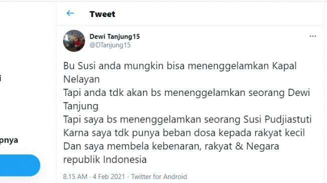 Cuitan Dewi Tanjung soal Susi Pudjiastuti.[Twitter/@DTanjung15]