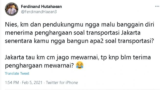 Cuitan Ferdinand soal penghargaan yang diterima Anies Baswedan di bidang transportasi (Twitter)