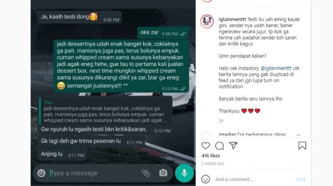 Penjual dessert box minta testimoni pembeli malah kesal sendiri [Instagram/@igtainmenttt]