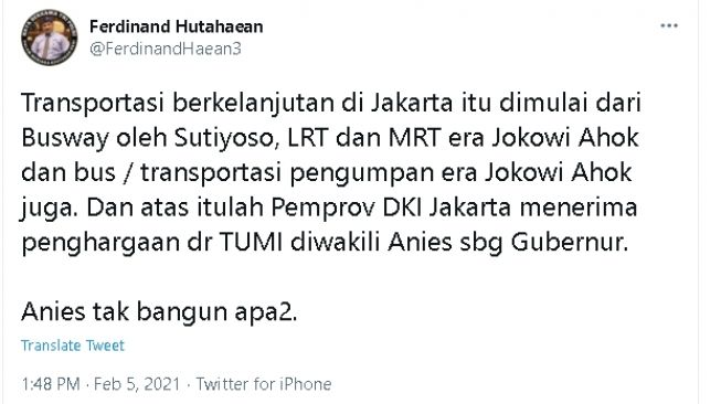 Cuitan Ferdinand soal penghargaan yang diterima Anies Baswedan di bidang transportasi (Twitter)