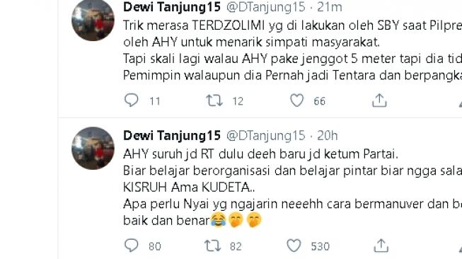 Cuitan Dewi Tanjung soal AHY (Twitter.com/@DTanjung15)