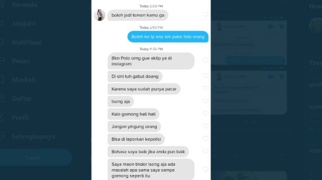 Chat wanita kenalan di aplikasi kencan, mengancam lapor polisi [Twitter/@bertinder]