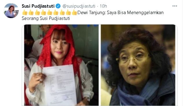 Respons savage Susi Pudjiastuti pada Dewi Tanjung (Twitter/@susipudjiastuti)