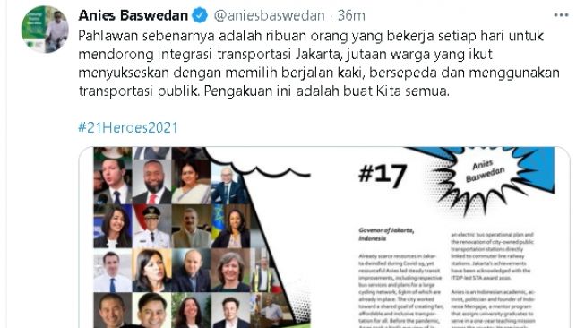 Cuitan Anies Baswedan soal penghargaan 21 Heroes 2021 dari TUMI (Twitter/@aniesbaswedan)