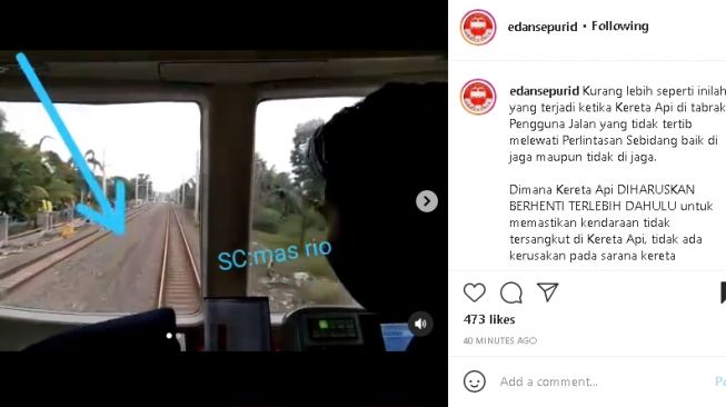 Detik-detik sepeda tertabrak kereta api (Instagram/@edansepurid)