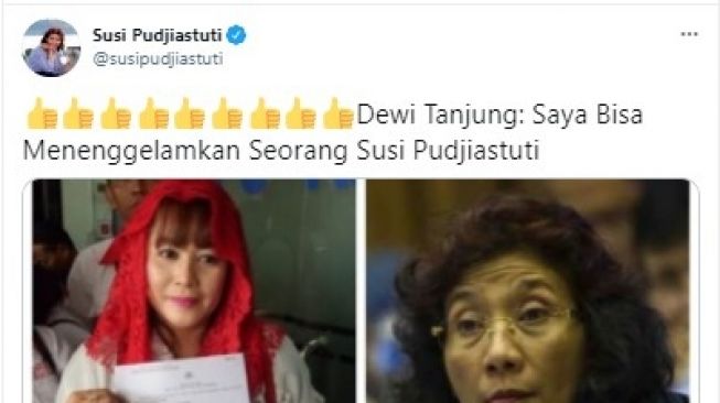 Susi Pudjiastuti kasih 9 jempol untuk Dewi Tanjung bisa tenggelamkan dirinya. 