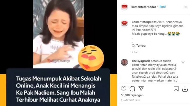 Curhatan sisiw sekolah soal sekolah online. (Instagram/komentatorpedas)