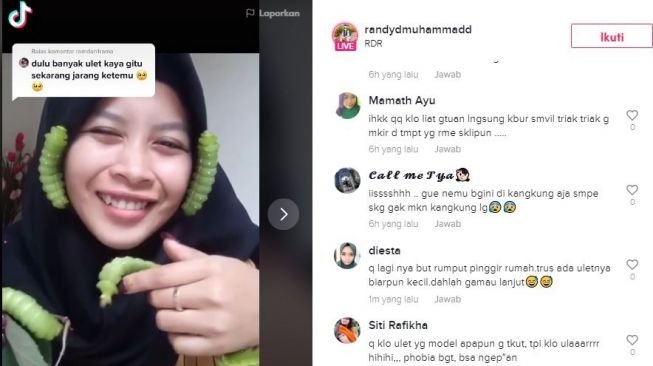 Viral aksi wanita pegang dan masukkan ulat ke dalam mulut. (Tiktok/@rendymuhammadd)