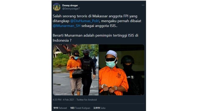 Cuitan Denny Siregar soal keterkaitan Munarman dan ISIS (twitter.com/Dennysiregar7)