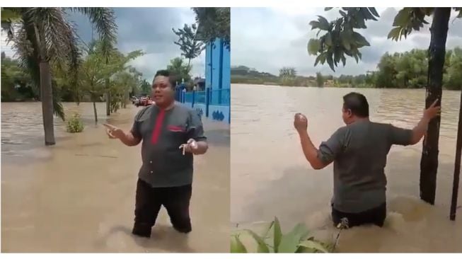 Aksi seorang pria saat memberitakan bencana banjir di daerahnya (instagram.com/ndorobeii)