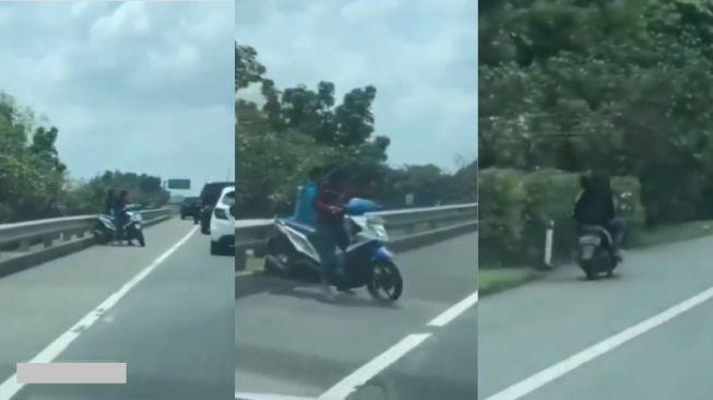 Naik Motor Bonceng 3, ABG Ini Nekat Melawan Arah dan Menerobos Jalan Tol