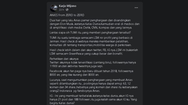 Ulasan tentang organisasi TUMI (facebook/Karjo Wijono)