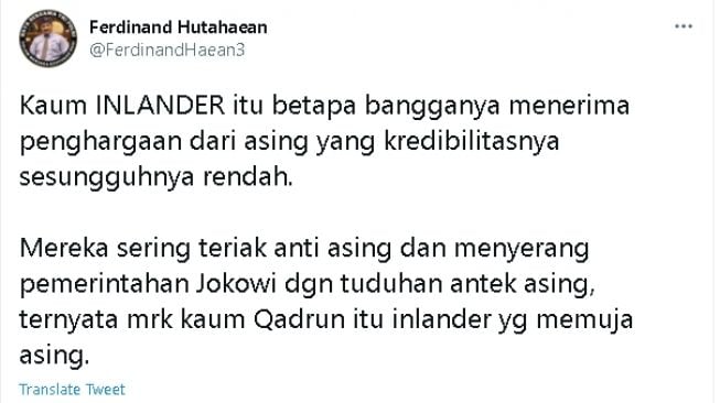 Cuitan Ferdinand Hutahaean soal penghargaan dari TUMI (Twitter/@FerdinandHaean3)