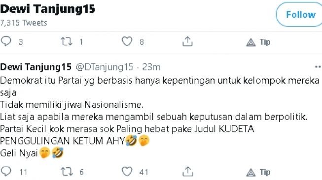 Cuitan Dewi Tanjung soal Partai Demokrat (Twitter/@DTanjung15)