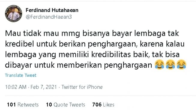 Cuitan Ferdinand Hutahaean soal penghargaan dari TUMI (Twitter/@FerdinandHaean3)