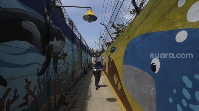 Seorang warga berjalan di depan mural bertema kehidupan laut di Kampung Lodan, Jakarta, Senin (8/2/2020). [Suara.com/Angga Budhiyanto]