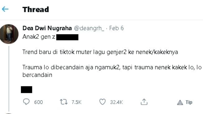 Kecaman soal ternd memutar lagu 'Genjer-Genjer' di depan orang tua/lansia (Twitter.com/@deangrh_)