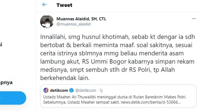 Cuitan Muannas Alaidid soal berita duka wafatnya Ustaz Maaher.[Twitter/@muannas_alaidid]